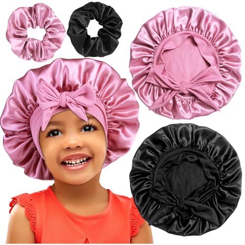 2 + 2 Satin-Mützen mit Haargummis für Kinder, niedliche Haarhauben für Mädchen, schlafendes lockiges Haar, A