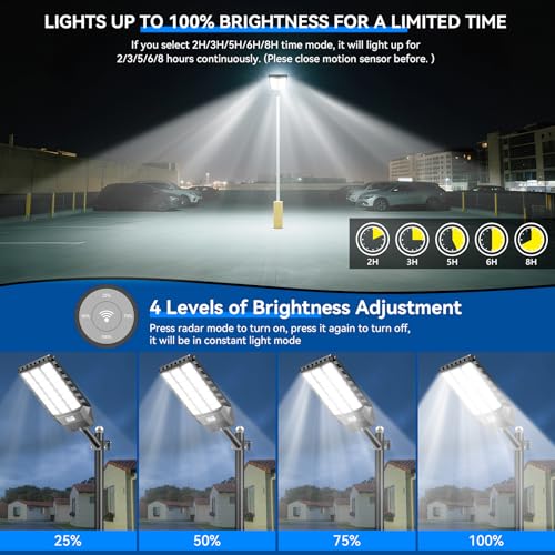 Adewalk 2000 W Outdoor LED Solar Street Light with Remote Control, IP66 Waterproof Solar Street Light with Motion Sensor, 6500 K Super Bright Outdoor Solar Garden Lights for Garage Road