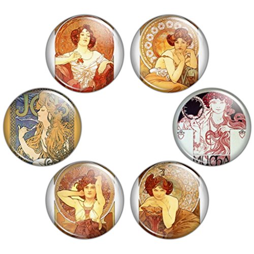 Button Bistro Women's Mucha Art Nouveau Artwork 1.25 inch Pinback Button Set #4