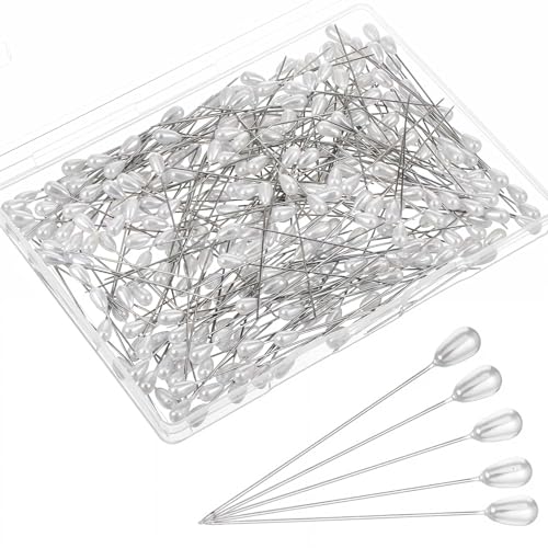 Qianyu 300 Pcs Corsage Boutonniere Hijab Pins Teardrop White Pearl Head Pin Wedding Bouquet Boutonniere Pin Long Teardrop Buttonhole Pins for DIY Crafts Jewelry Making Sewing Flower Floral Decorations