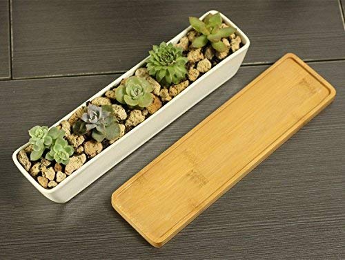 Pot de fleurs artificielles blanc en céramique –  Pots rectangulaire conteneurs avec plateau en bambou pour planter Mini Succulente Cactus
