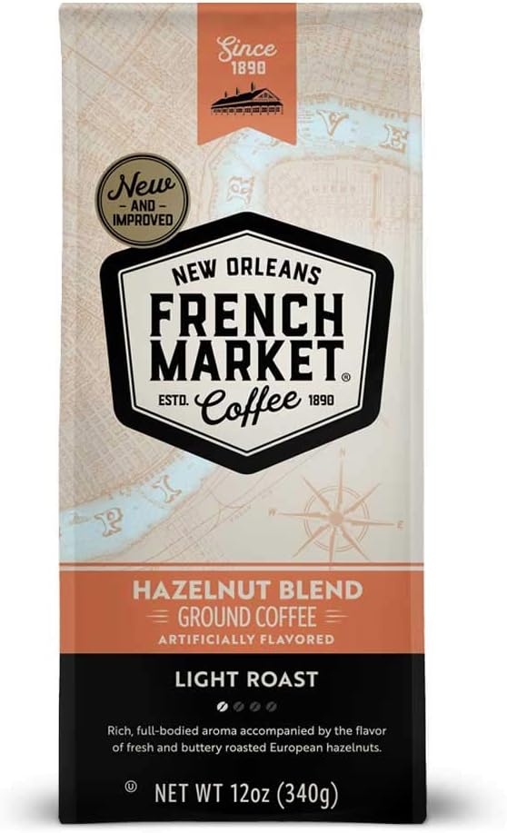 French Market Coffee, Hazelnut Blend, Light Roast Ground Coffee, 12 Ounce Bag