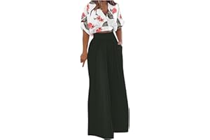 Feancey Womens Two Piece Outfits Dressy Casual Workwear Suits Summer Short Sleeve Tops Loose Wide Leg Pants With Pockets