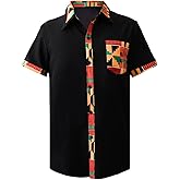 KATOLK Men's Hipster African Printed Tribal Graphic Patchwork Design Short Sleeve Button up Shirt Mandarin Collar Shirts