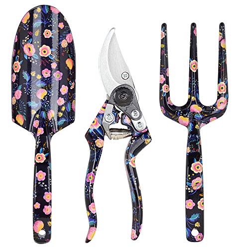 LOYLOV Garden Tool Set, 3 Piece Floral Aluminum Heavy Duty Gardening Kit with Ergonomic Design Handles Hanging Hole – Pruning Shears, Trowel, and Hand Fork, Gift for Mother Women(Black)