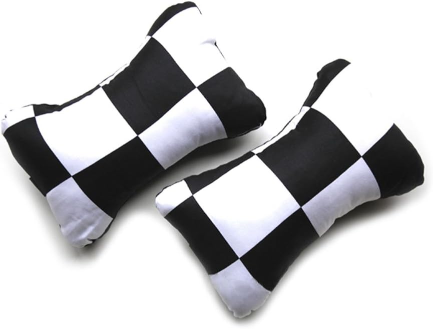 Car Seat Neck Pillow 2 pc Cotton All Weather Dog Bone Shape Checkered Rubber Band Fixed Removable For All BMW Mini Cooper