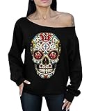 Awkwardstyles Rose Eyes Skull Off the Shoulder Oversized Sweatshirt Sugar Skull XL Black