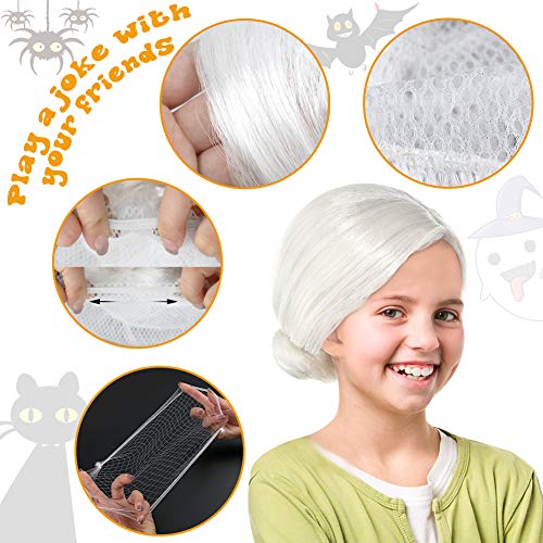 Costume Old Lady Wig, 3PCS Old Lady Cosplay Set Grandma Wig for Halloween Costume White