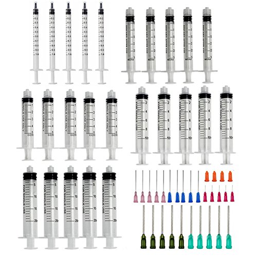 Brostown 25 Pack Luer Lock Syringes - 20ml 10ml 5ml 3ml 1ml Syringes with Blunt Tip Needles and Caps for Measurement, Dispensing Pastes Sealants, Glue Applicator, Perfume Injection, E-Liquids E-juice