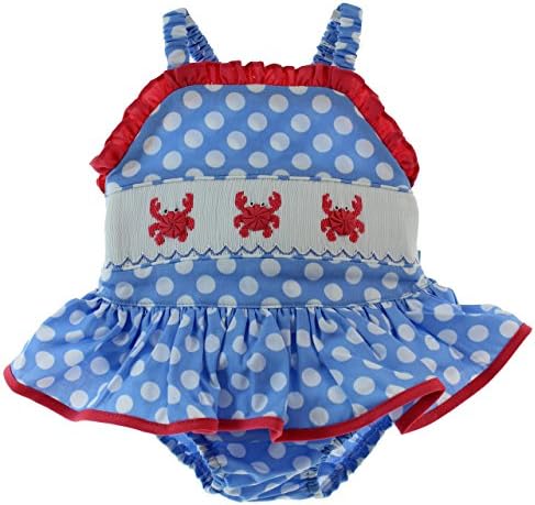 Girls Blue Polkadot One Piece Swimsuit with Crab Smocking Anavini Smocked Bathing Suit 3T