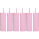 Essasea 16oz Skinny Tumblers Bulk.Matte Light Pink Tumblers with Lids and Straws.Double Walled Plastic Acrylic Pastel Tumbler Cups for Iced Coffee Smoothie.DIY Slim Tumbler.