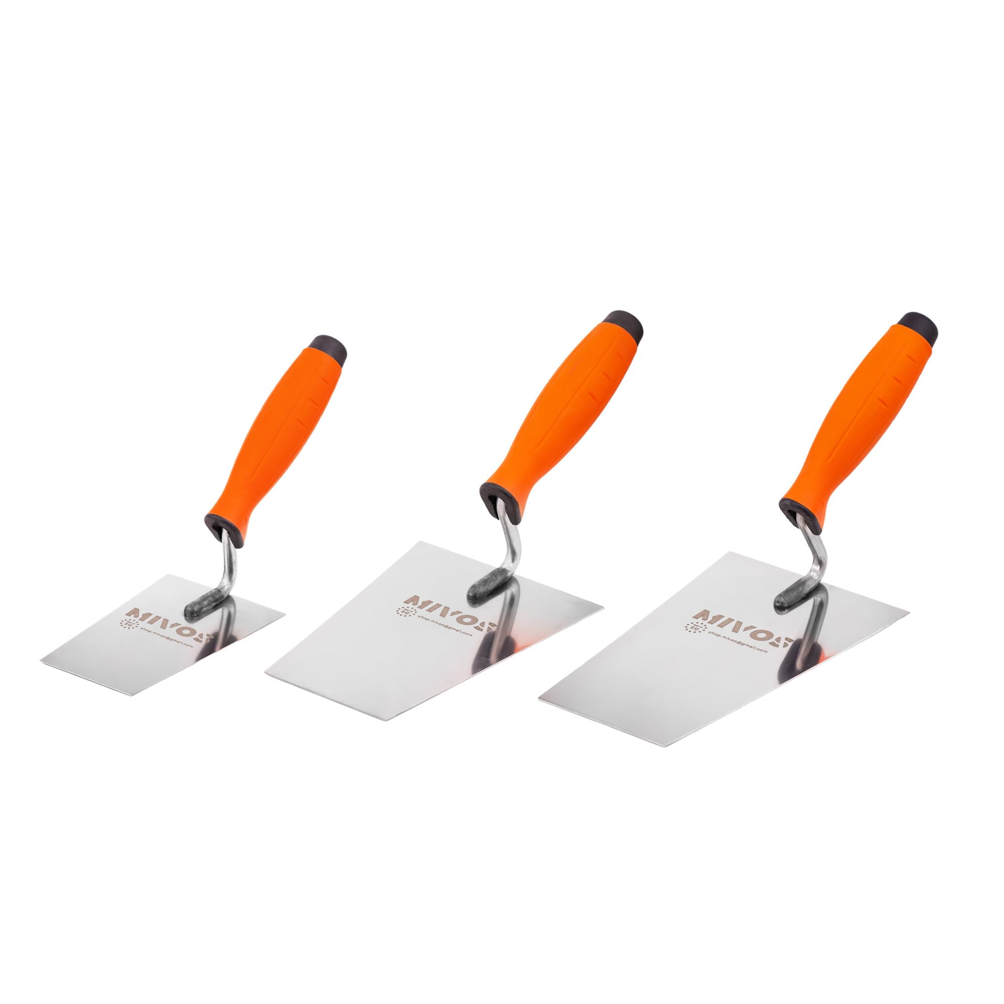 MIVOS Stainless Steel Trowel Set, 3-Piece, 130 mm, 160 mm, 180 mm, Trapezoidal Shape, Rustproof, Ergonomic Rubber Handle, High Durability, Made in EU