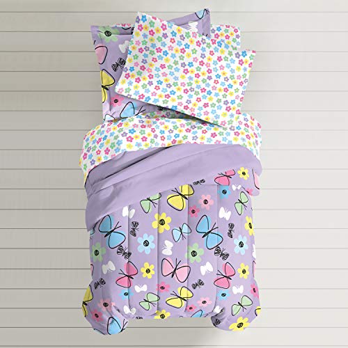 Dream Factory Sweet Butterfly Ultra Soft Microfiber Girls Comforter Set, Purple, Twin