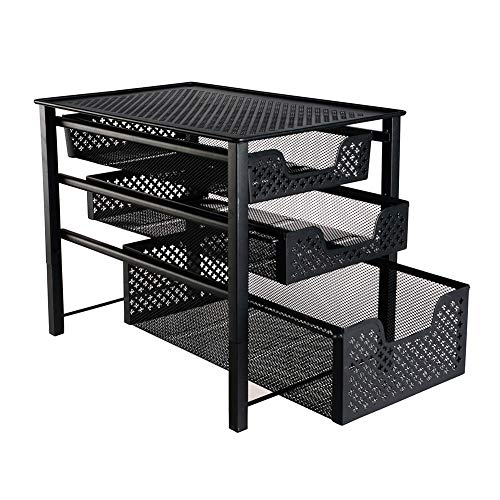 Stackable 3 Tier Organizer Baskets with Mesh Sliding Drawers, Ideal Countertop, Pantry