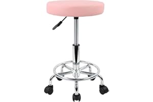 KKTONER PU Leather Round Rolling Stool with Foot Rest Swivel Height Adjustment Spa Drafting Salon Tattoo Work Office Massage Stools Task Chair Cushion 14 inches(Pink)