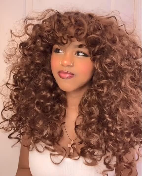 CoCrowns Curly Wig with Bangs for Black Women Long curly Shag Synthetic Hair Wigs Daily Use Cosplay 17 Inch (Brown)