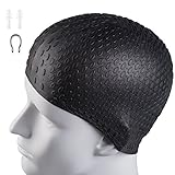 Ssking Swim Cap Keeps Hair -100% Silicone with Nose Clip and Ear Plugs for Women and Men (Black)