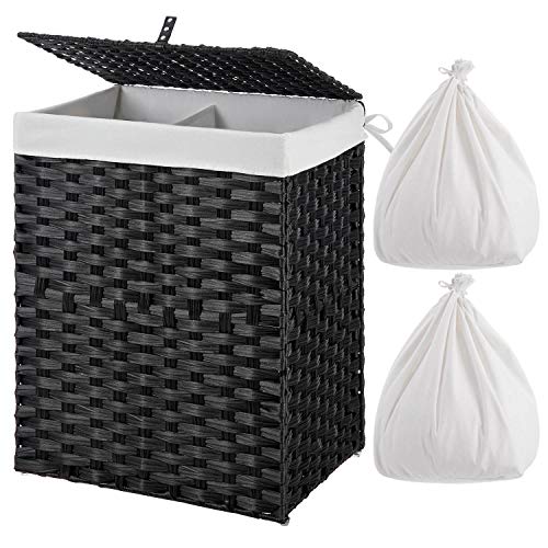 GREENSTELL Laundry Hamper with 2 Removable Liner Bags，90L Divided