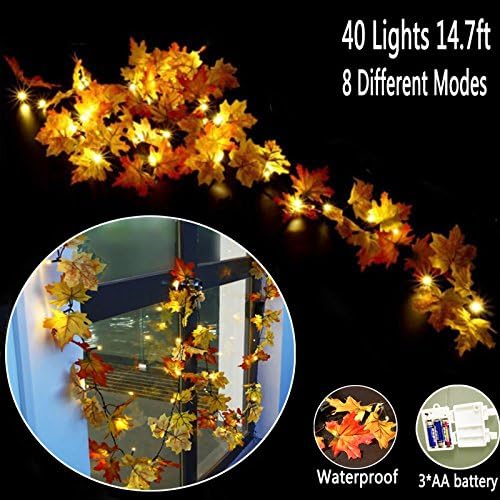 Thansgiving Decoration,Fall Garland,Fall Decor,Lighted Autumn Leaf Harvest Fall Leaves Garland Lights String Thanksgiving Décor, 14.7 Feet 40 Lights,Warm white