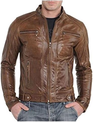 New York Leather Men's Spanish-Brown Bomber Biker Jacket - L Size