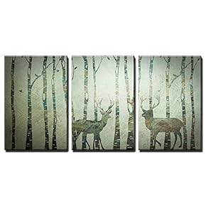 3 Panel Animal Canvas Wall Art - Rustic Artwork of Deers in The Woods - Giclee Print Gallery Wrap Modern Home Art Ready to Hang - 16"x24" x 3 Panels