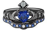 2PCS one set Black Gold Plated White Zirconia Created Blue Sapphire Heart Cut Bridal Crown Irish Claddagh Ring