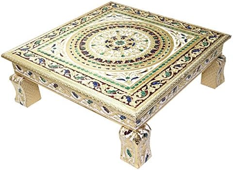 Craft Zone Meenakari Puja Bajot/Table/Chowki ganpati sinhasan Pooja, Chaurang Subh Labh Design, 15 x 15 x 2.5 inch(01 Bajot 15 * 15)
