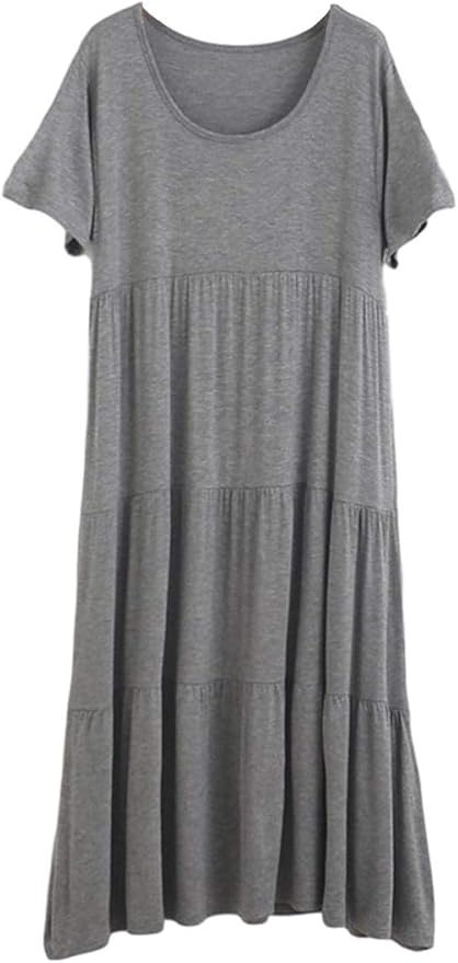 Amazon サフィーブラウ A59 グレー ワンピース レディース tドレス ロング ロング丈 Tシャツ ティアード フレア Aライン 半袖 袖あり デコルテ Uネック 無地 薄手 楽ちん ふんわり ゆったり 着やせ 体形カバー フェミニン 可愛い かわいい カジュアル デイリー