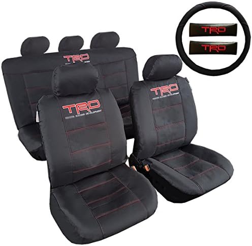 New Black/Charcoal TRD Car Seat Cover Full Set, 2 Carbon Shoulder Pads &amp; 1 Steering Wheel Cover For Toyota (black)