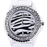 HDE Women's Fashionable Zebra Pattern Face and Rhinestone Encrusted Border with White Jelly Silicone Rubber Wrist Band