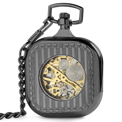 VIGOROSO Mens Classic Steampunk Pocket Watch with Chain Skeleton Hand Wind Mechanical Pocket Watches for Men & Women