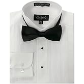 OmegaTux Mens Wing Collar Tuxedo Shirt with Bowtie, 1/8" Pleat & Convertible Cuffs