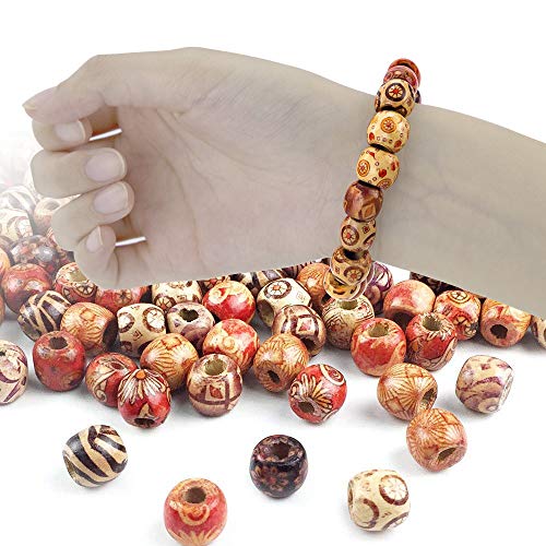JPSOR 300pcs 12mm Painted Pattern Barrel Beads Wooden Beads Mixed Wood Loose Beads for Jewelry Marking - Thumbnail 4