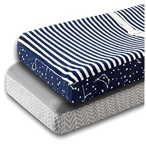 Changing Pad Cover 2 Pack, Comfort Fleece Changing Table Cover Boys Girls, Ultra Soft Breathable 32″/34”x16″ Changing Pad Sheets – Blue Stars & Grey Stripe
