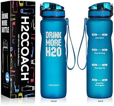 H2OCOACH Sports Water Bottle with Time Marker | Motivational 36 oz, Drink More, Reusable with Fruit Infuser Filter (1 Liter)