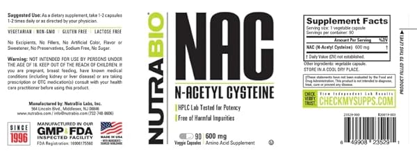 NUTRABIO N-ACETYL CYSTEINE SUPPLEMENT (NAC) – 90 CAPSULES, 600MG EACH – POWERFUL ANTI-OXIDANT – IMMUNE SUPPORT – BOOST GLUTATHIONE