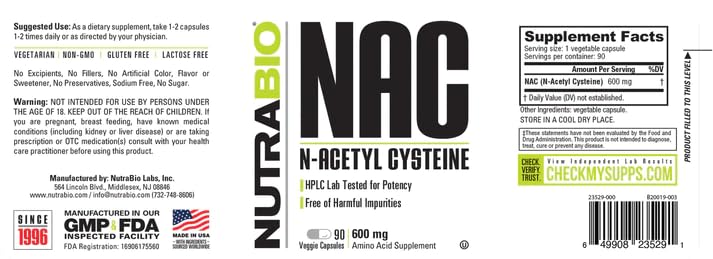 NutraBio N-Acetyl Cysteine Supplement (NAC) - 90 Capsules, 600mg Each - Powerful Anti-Oxidant - Immune Support - Boost Glutathione