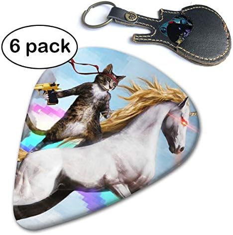 WB - Cat Riding A Fire-breathing Unicorn 351 Shape Classic Guitar Picks (6 Pack) For Electric Guitar, Acoustic Guitar, Mandolin, And Bass. Gift Leather Key Chain Pick Holder (0.46mm, 0.71mm, 0.96mm)
