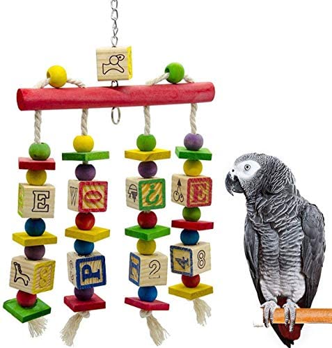 Acidea Wooden Knots Block Parrot Toys with Bells for African Grey, Multicolored Natural Wooden Bird Toy Budgie Toy for Medium and Large Parrots, Cockatoo, African Grey, Macaws