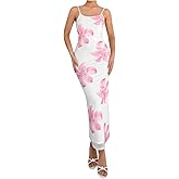 Milumia Women's Floral Print Mesh Spaghetti Strap Long Dress Backless Cami Bodycon Maxi Dress