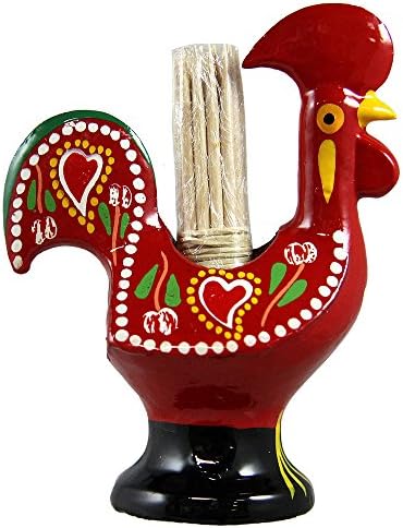3.5 Inch Hand Painted Portuguese Aluminum Toothpick Holder Good Luck Rooster (Red)