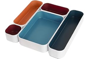 Three by Three Seattle 5 Piece Metal Organizer Tray Set for Storing Makeup, Stationery, Utensils, and More in Office Desk, Ki