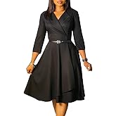 Elainone Women 3/4 Sleeve Casual Swing Flared A Line Dress Wedding Guest Semi Formal Office Work Dresses with Belt