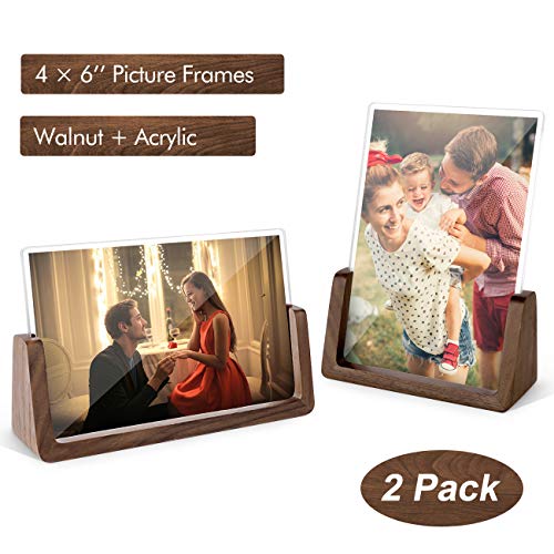 Mixoo 4x6 Wood Photo Picture Frame 2 Pack - Rustic Wooden Picture Frame with Walnut Wood Base and High Definition Break Free Acrylic Covers for Tabletop or Desktop Display (Horizontal + Vertical)