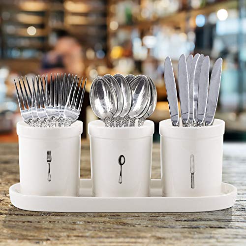 Emenest Flatware Organizer Set, 4-pc Ceramic Utensil Crocks on Tray - Printed Mugs on Stoneware Caddy - Home and Party Dinnerware Set