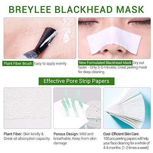 Blackhead Remover, BREYLEE Tea Tree Oil Blackhead Mask Blackhead Removal Strips Face Strips Pore Strips Peeling Mask (17mL, 0.6 fl oz) (With 100 Pcs Strip Paper)