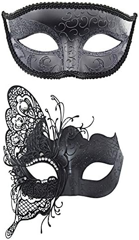 TANKEY Couple's Masquerade Mask Set Sparkling Butterfly Venetian Party Halloween Mask (Black)