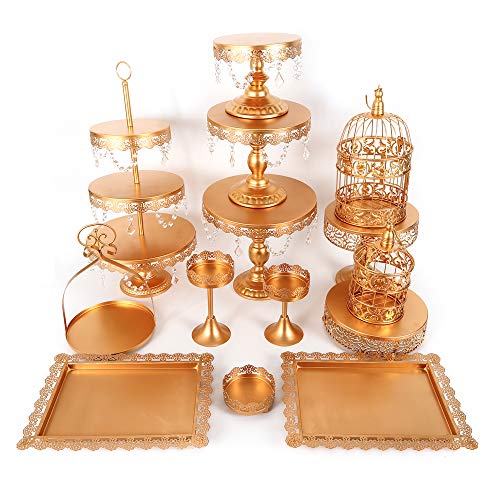 Cupcake Stands, 14 Set Metal Crystal Cake Holder Cupcake Stand Cake Dessert Holder with Pendants and Beads,Wedding Birthday Dessert Cupcake Pedestal Display, Gold USA STOCK (14, Gold)