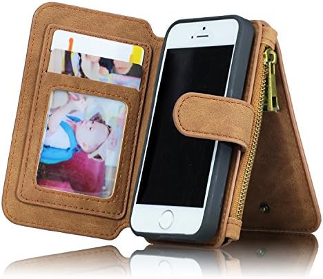 For iPhone 5/5s 5se Wallet Case, MEGSHI Premium Zipper Wallet Leather Detachable Magnetic Case Purse Clutch Removable Case Card Slots Flip Credit Cover for iPhone 5/5s 5se 4 inch (Brown)