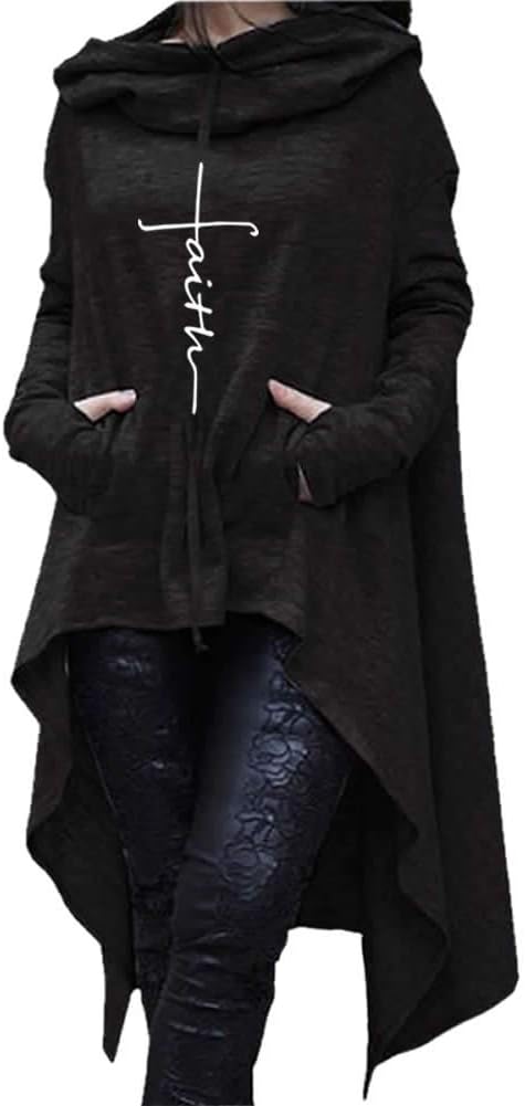 Rfecccy Faith Print Long Sleeve Loose Casual Pullovers Irregular Hem Long Hoodies for Women